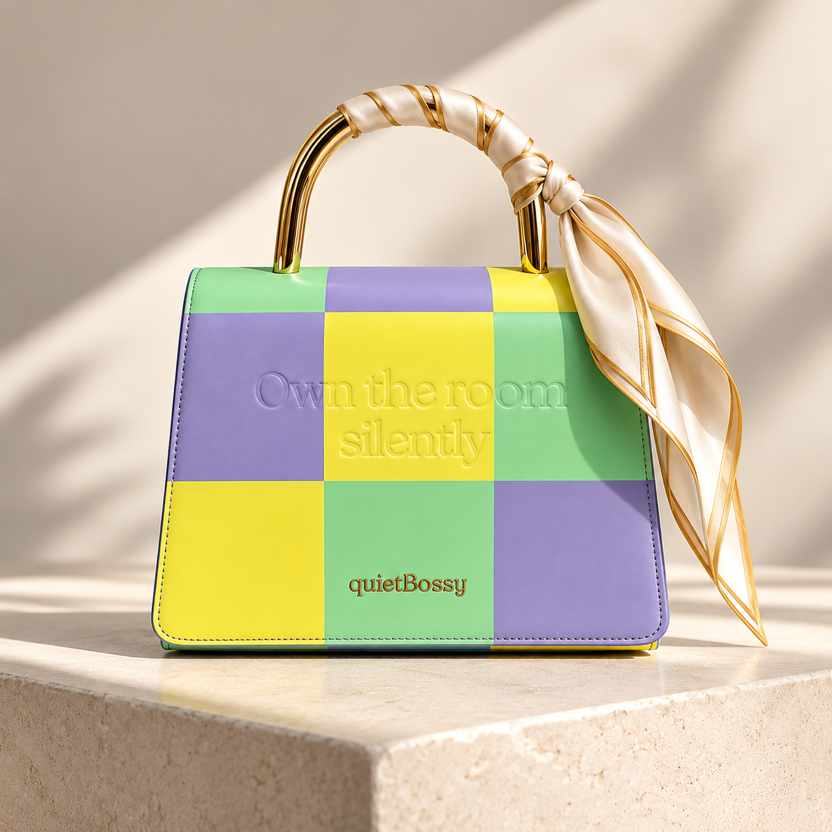 A structured handbag with a multicolor checkered pattern in yellow, green, and purple, featuring a cream-colored silk scarf tied to its gold-tone handle, set on a stone pedestal with warm sunlight and shadows.